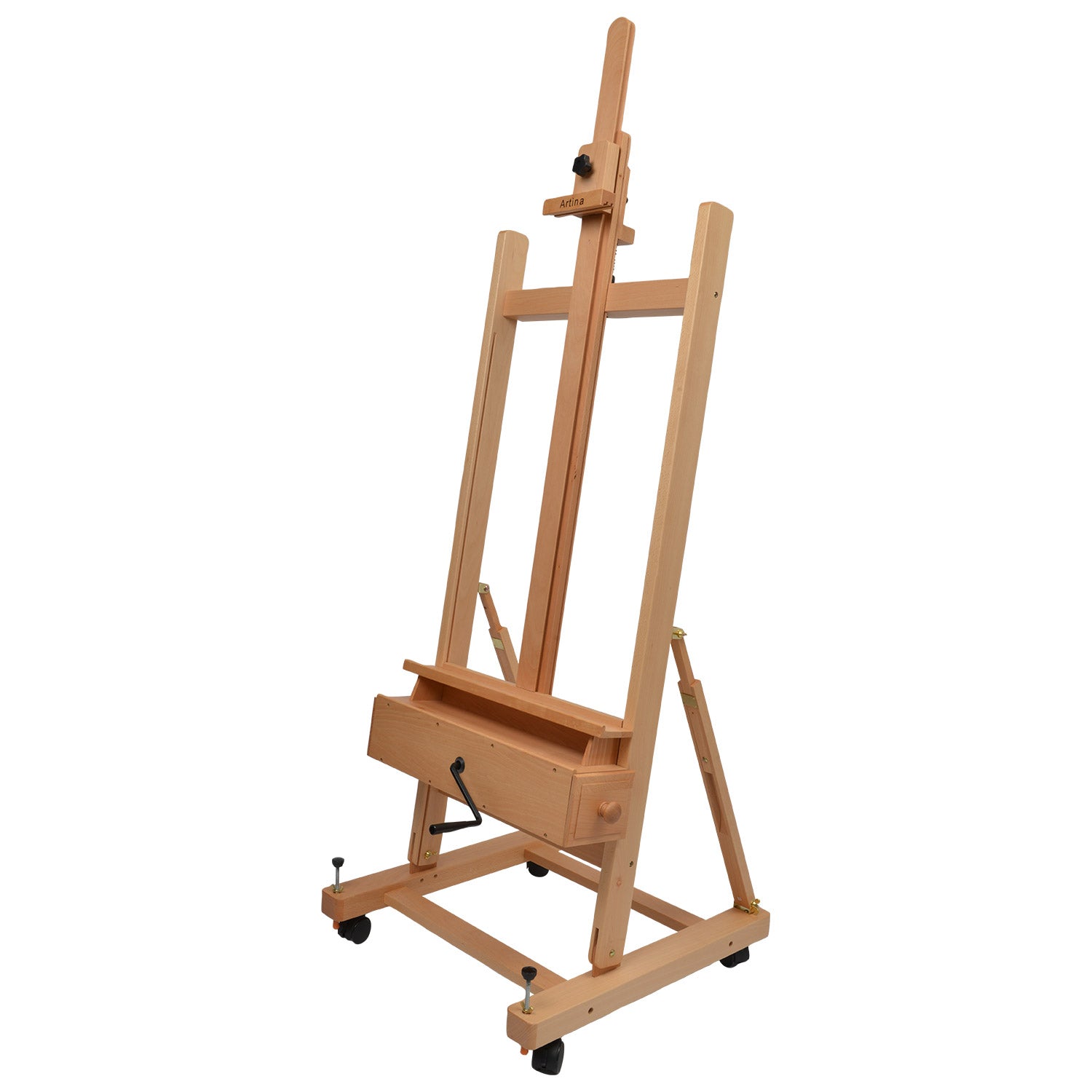 Profi Atelierstaffelei aus massivem geöltem Buchenholz mit Handkurbel-Höhenverstellung und Rollfunktion für Leinwände bis 210 cm