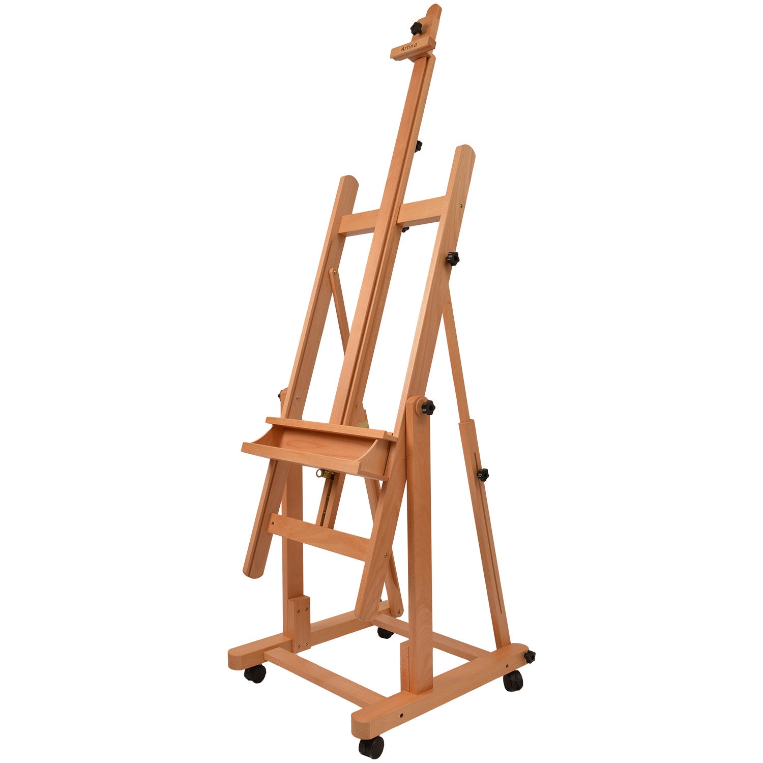 Artina Atelierstaffelei Verona rollbar aus massivem geöltem Buchenholz, höhenverstellbar bis 210 cm, mit Ablagefach und Leichtlaufrollen für Aquarell- und Ölmalerei.