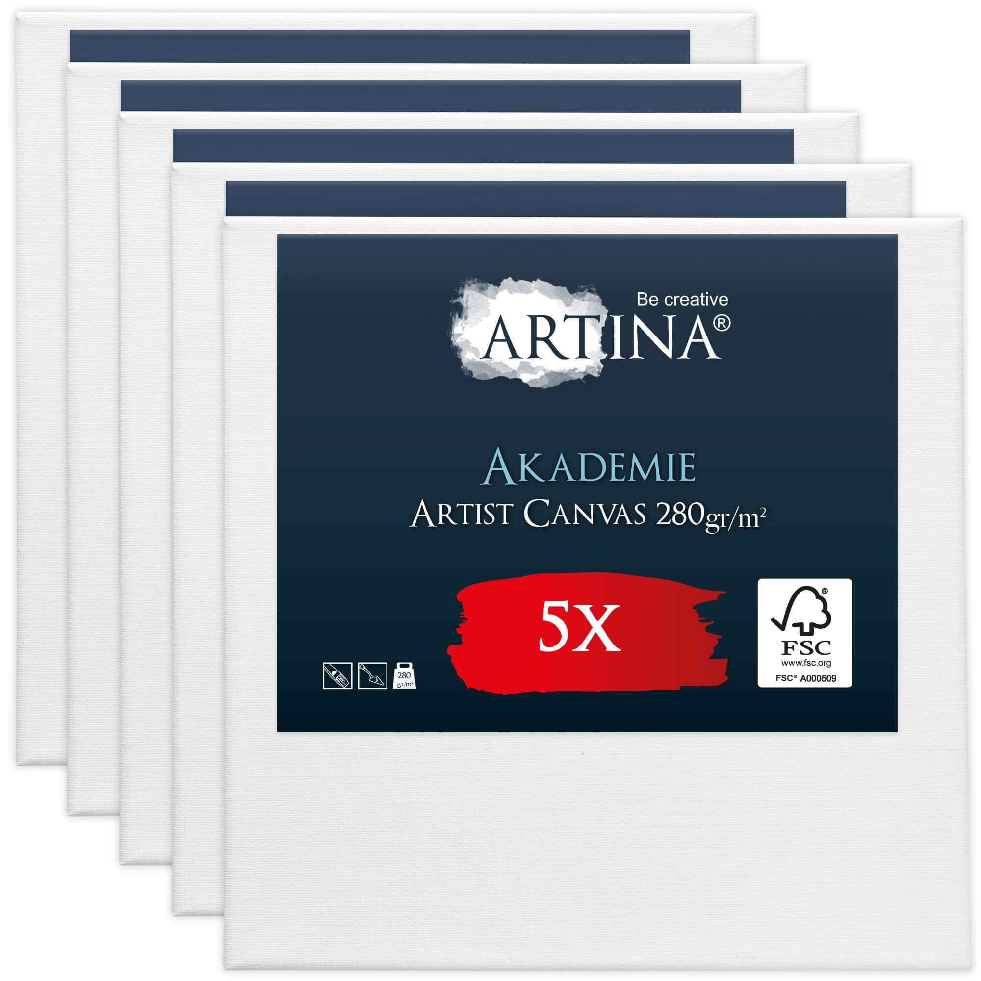 Artina 5er Set Keilrahmen 15x15 cm Leinwand 280g/m² FSC® - Akademie Qualität 