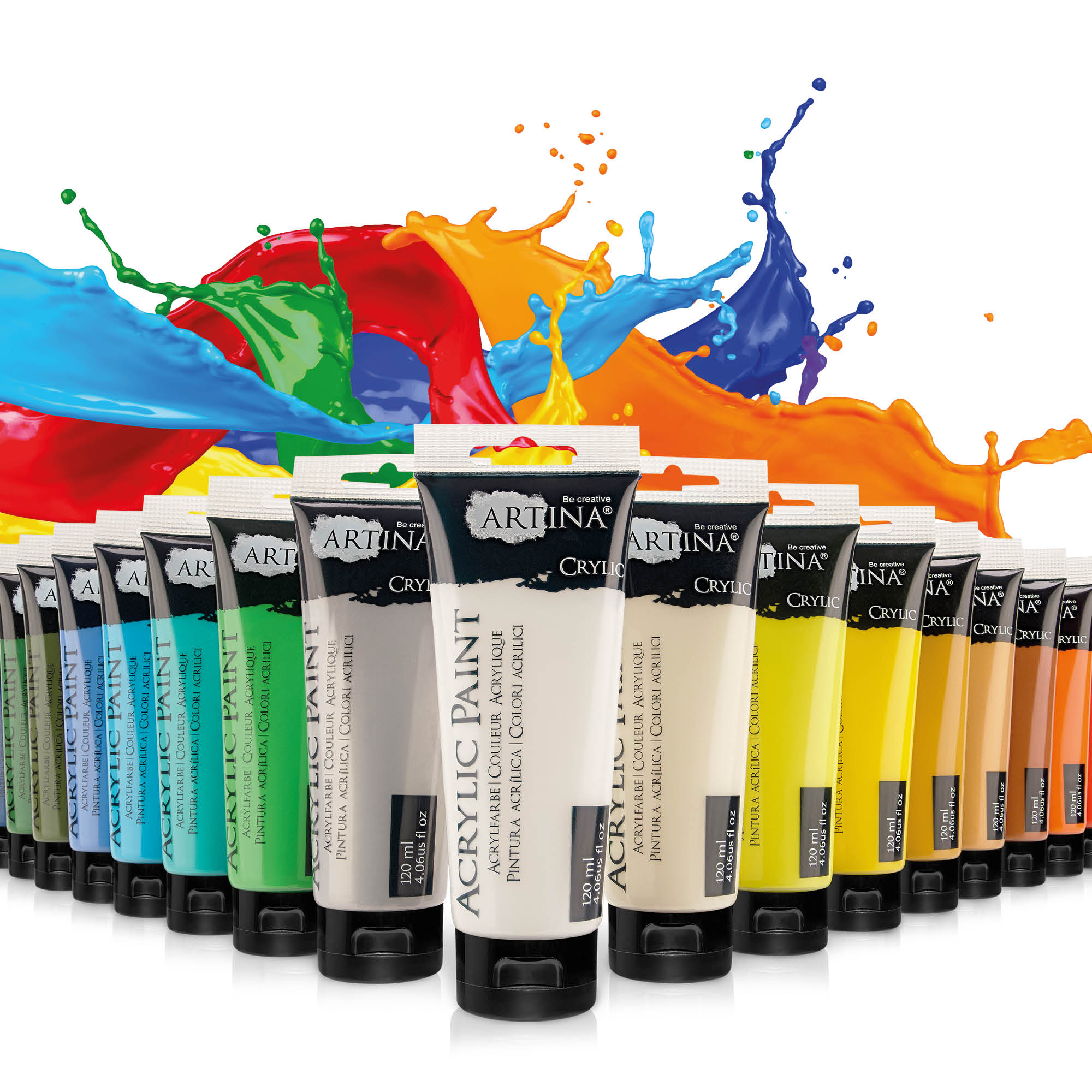 Aufstellung von Acrylfarben Tuben in diversen Farben